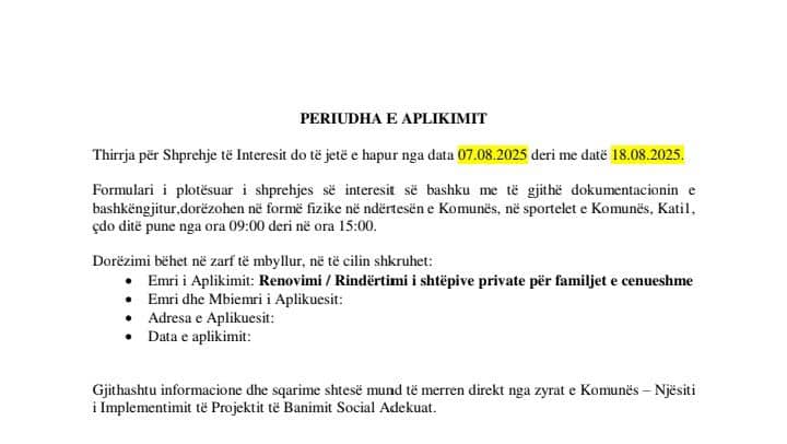 THIRRJE PËR APLIKIM-Renovimi/Rindërtimi i shtëpive private për familjet e cenueshme (familje me asistencë sociale dhe gjendje të rëndë ekonomike)