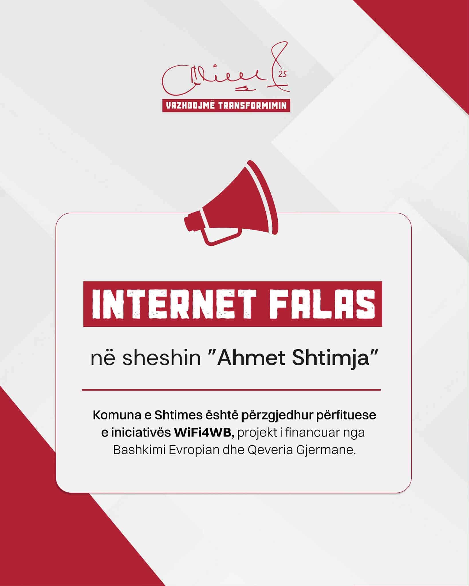 Pas aplikimit të Komunës së Shtimes dhe përfundimit të të gjitha procedurave, komuna jonë është përzgjedhur përfituese e iniciativës WiFi4WB, një projekt madhor që sjell internet falas dhe cilësor për qytetarët tanë.